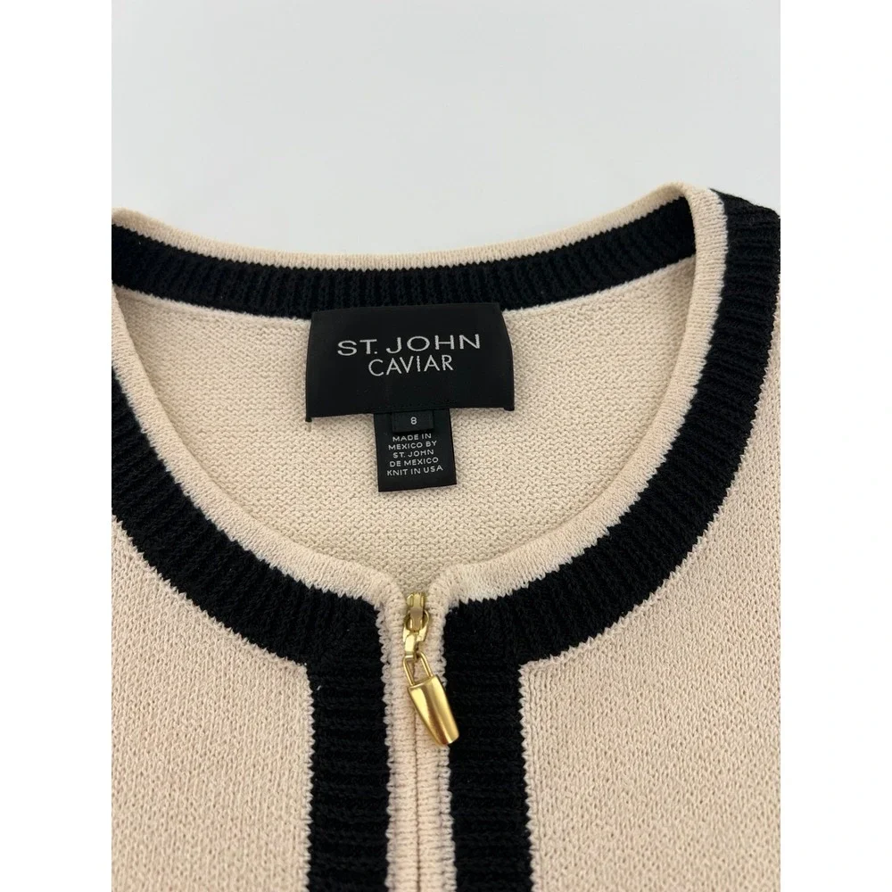 St. John Caviar Cream Black Contrast Trim Wool Knit Zip Front Jacket Old Money 8